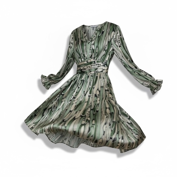 Anany Green and Cream Abstract Silk Dress M - Picture 6 of 6